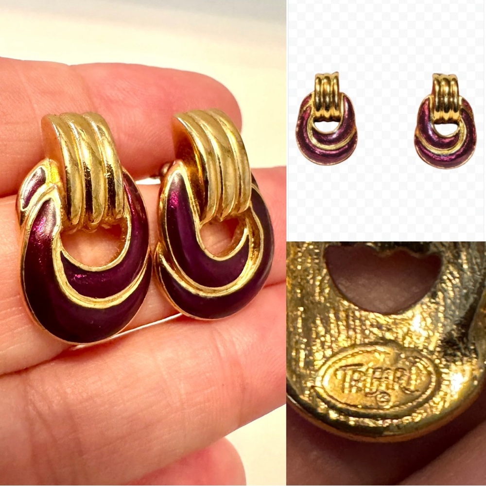 Vtg Trifari Earrings Small Door Knocker Signed Posts Burgundy Enamel Shiny Gold